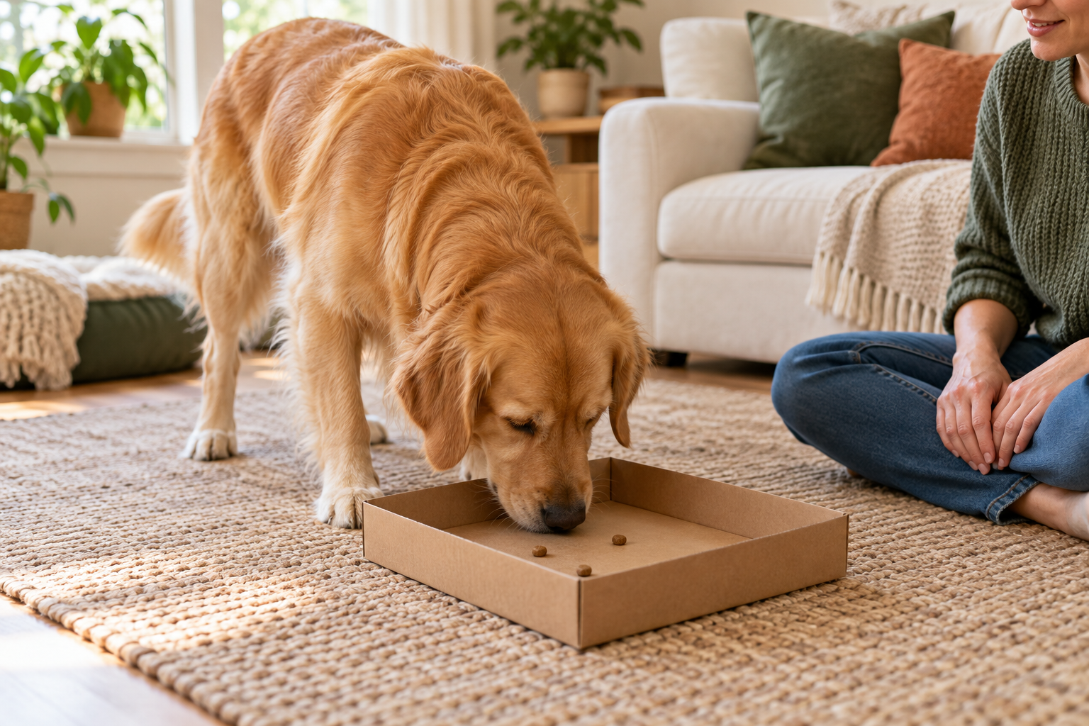 Golden retriever searching for food in a shallow cardboard box.