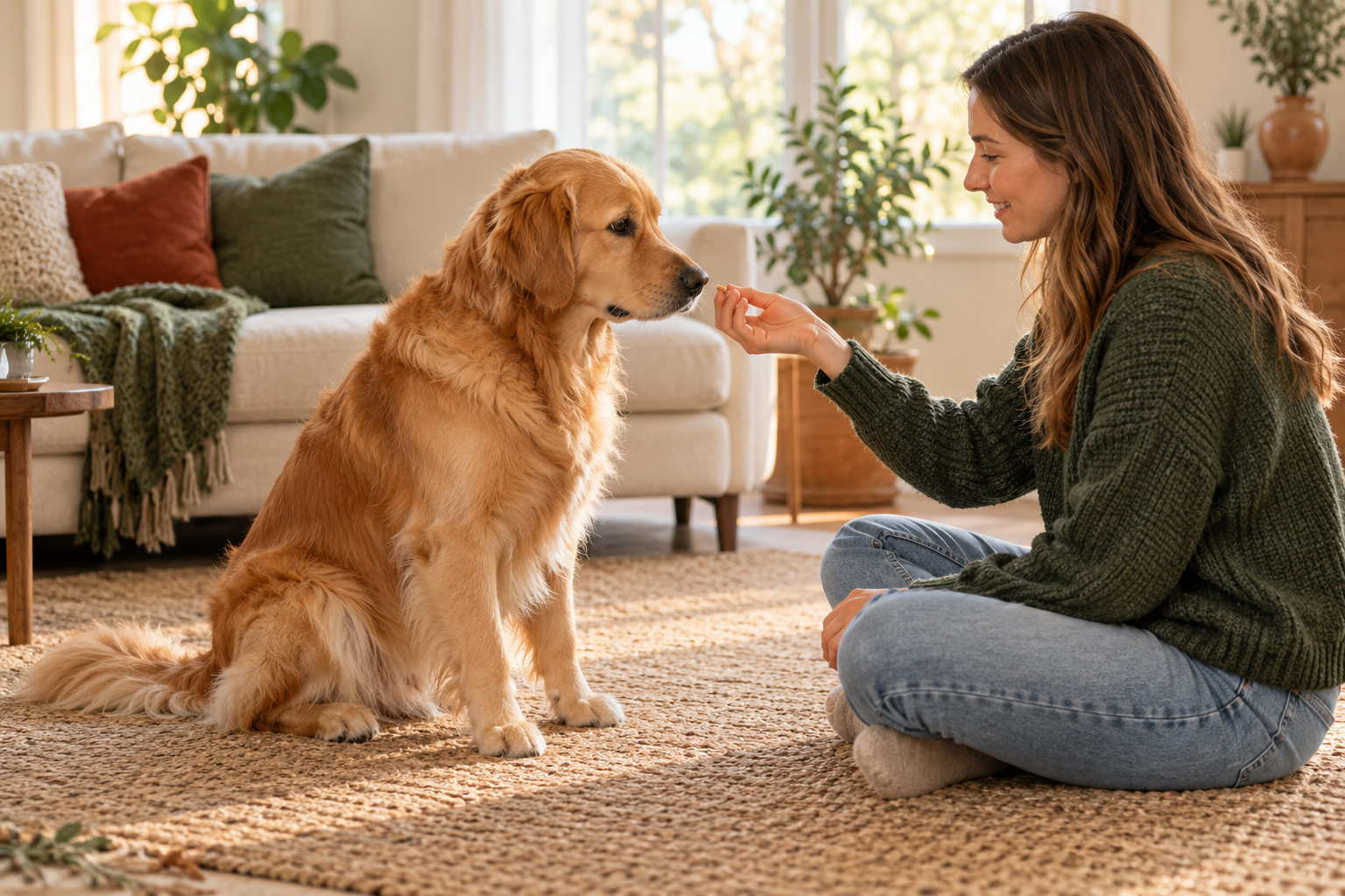 Seated golden retriever receiving a food reward from a woman.