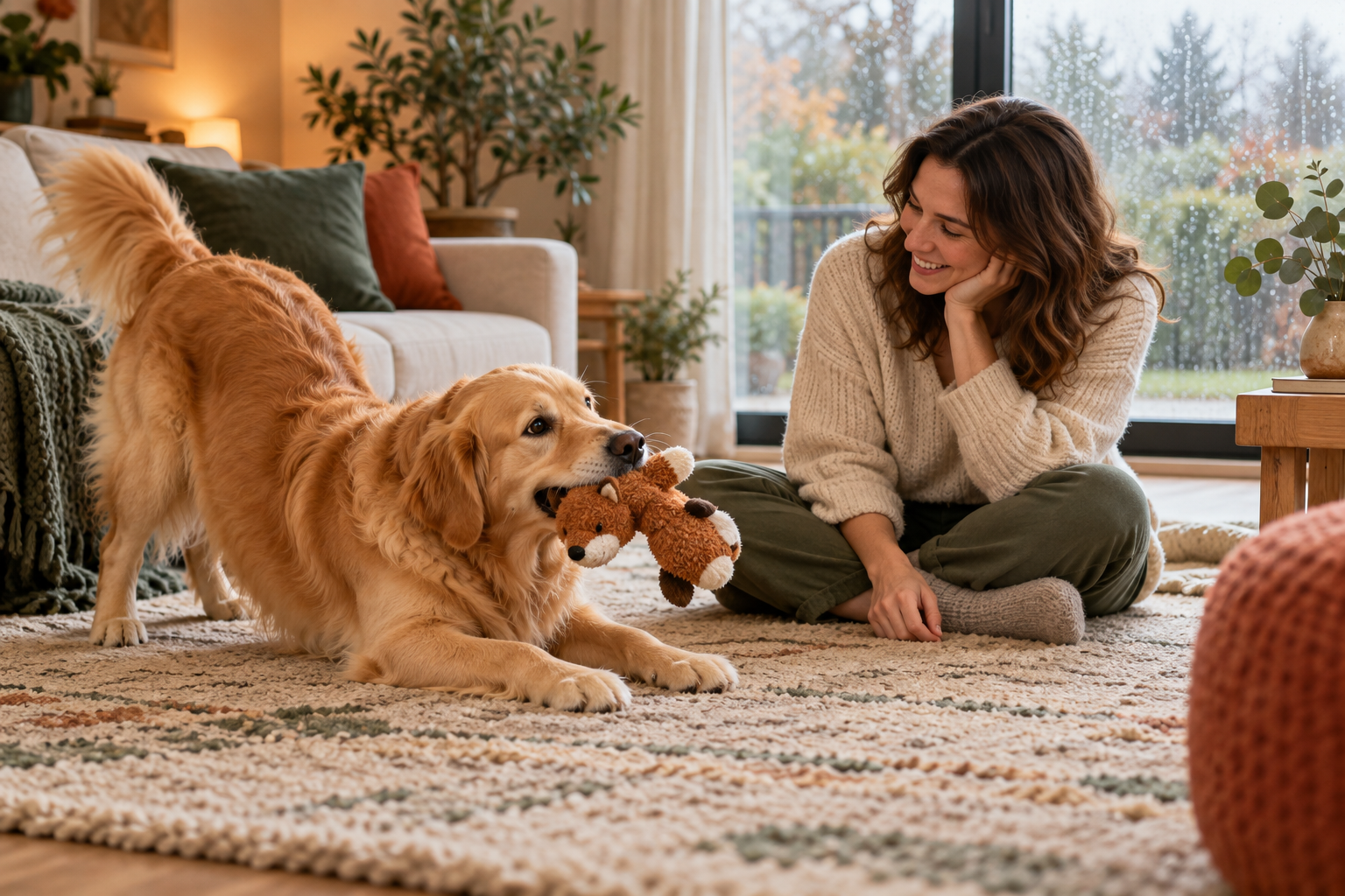 Golden retriever playing with a soft toy beside a seated woman indoors.