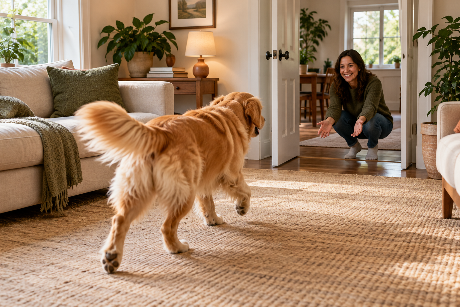 Golden retriever approaching a woman crouching in an open doorway.