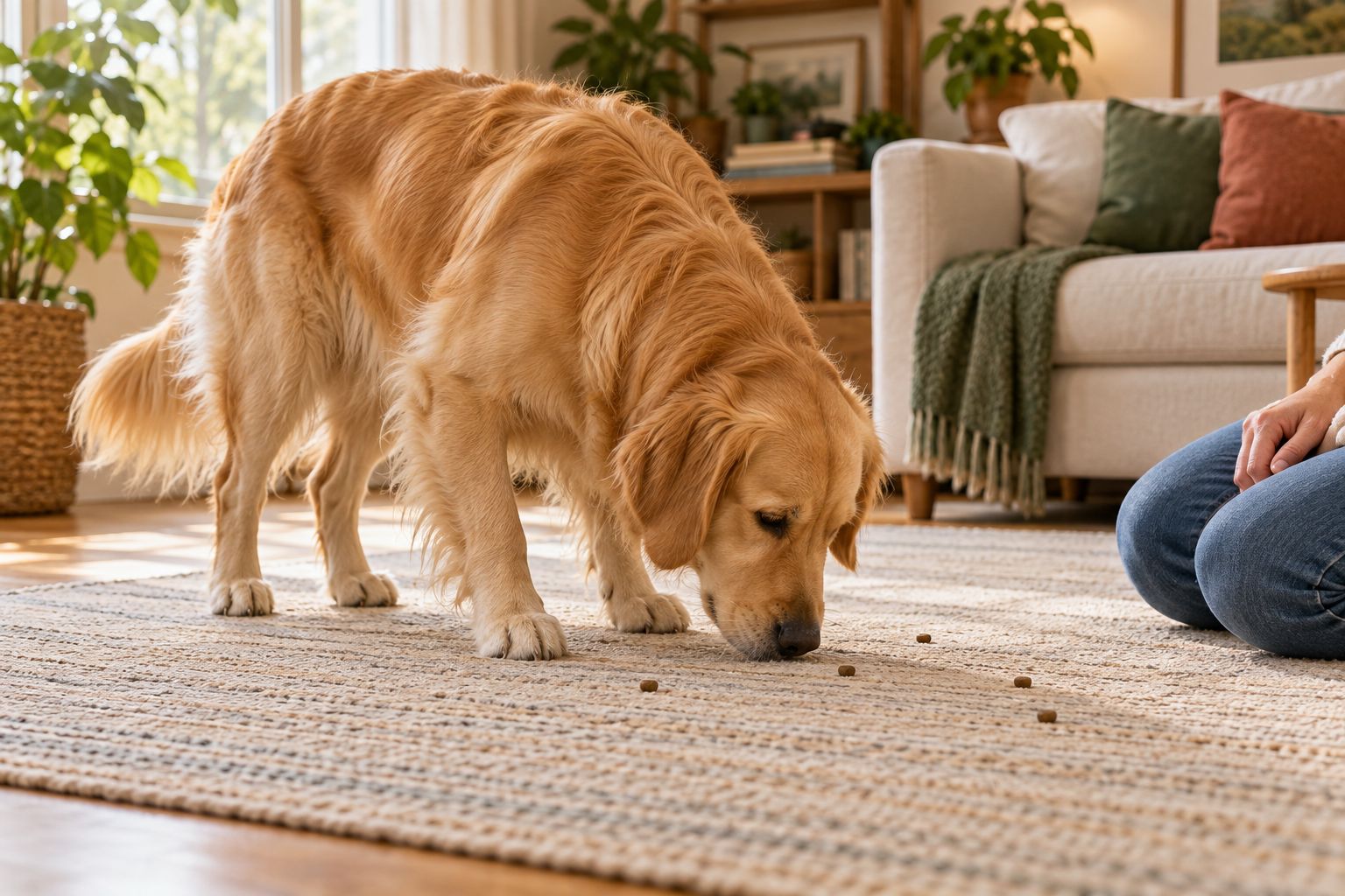 Golden retriever sniffing scattered food on a rug.