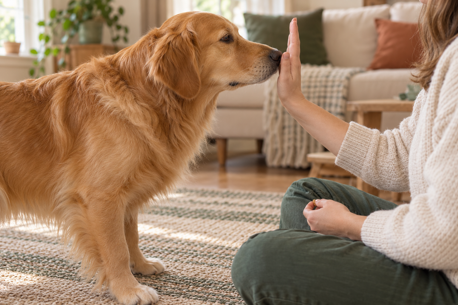 Dog touching a person’s palm with its nose.