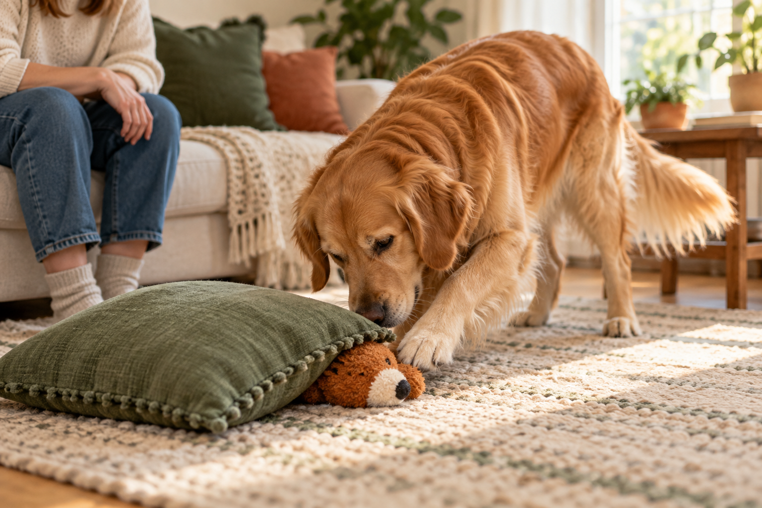 Dog finding a soft toy behind a cushion.