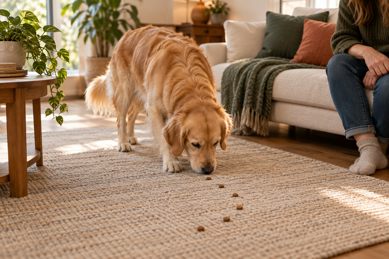 Dog following a trail of food.